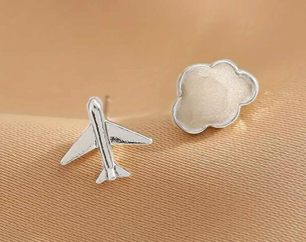 Come Fly With Me Holiday Vacation Silver Plated Cute Little Aeroplane Cloud Plane Stud Earrings