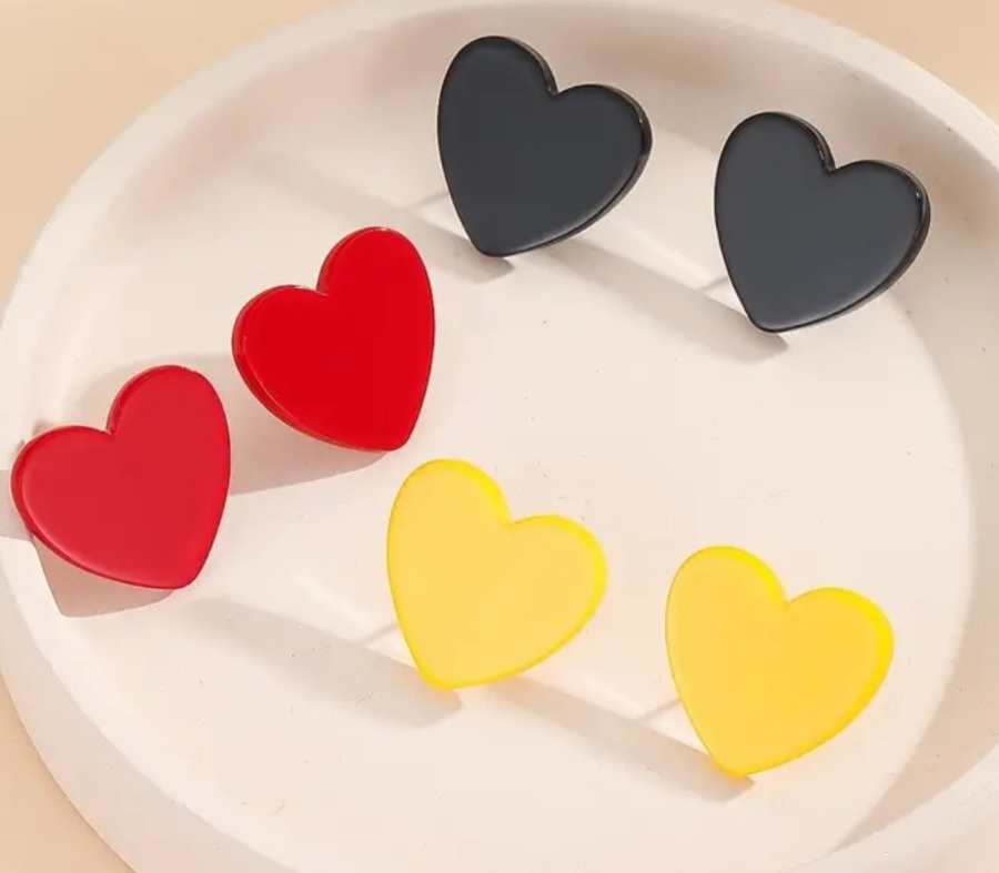 Acrylic Heart Stud Earrings Red Black Yellow Heart Design Set Of 3