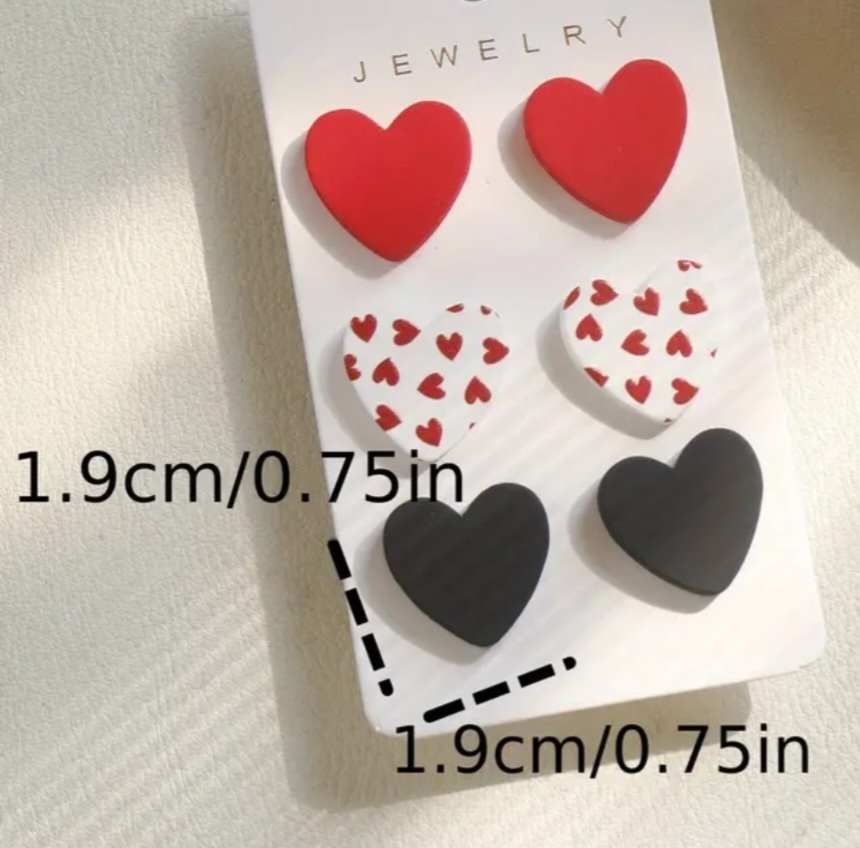 Acrylic Heart Stud Earrings Red Black White Red Heart Design Set Of 3