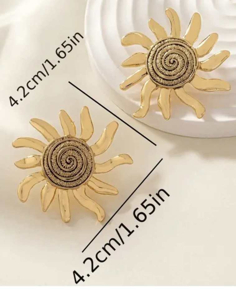 Bright Large Gold Plated Swirl Sun Sunshine Design Metal Stud Earrings