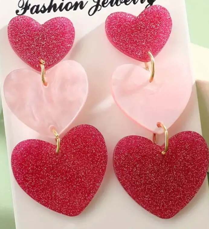 Sweet Acrylic Triple PInk Gradiant Glitter Heart Dangle Drop Earrings