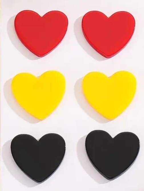 Acrylic Heart Stud Earrings Red Black Yellow Heart Design Set Of 3