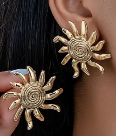 Bright Large Gold Plated Swirl Sun Sunshine Design Metal Stud Earrings