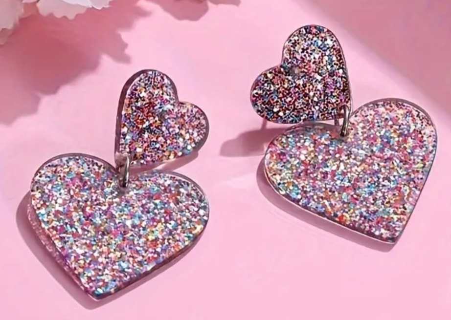 Double Heart Acrylic Sparkle Multi-Coloured Medium Size Sweet Drop Dangle Earrings