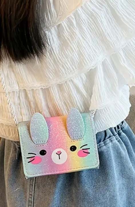 Adorable Kawaii Cute Mini Sparkle Rainbow Rabbit Bunny PU Vegan Leather Hand Bag Purse With Silver Rope Strap