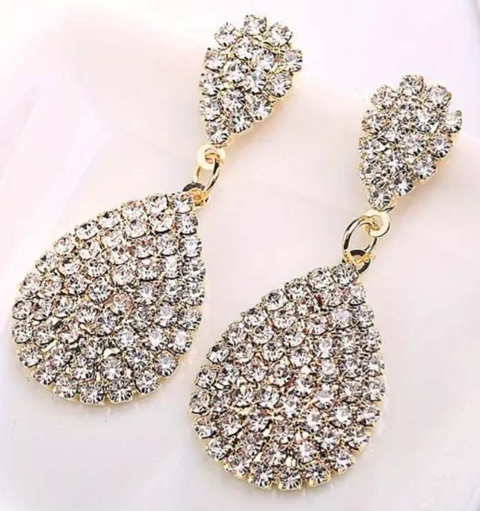 Gold Tone White Rhinestone Inlay Double Droplet Bling Sparkle Dangle Earrings