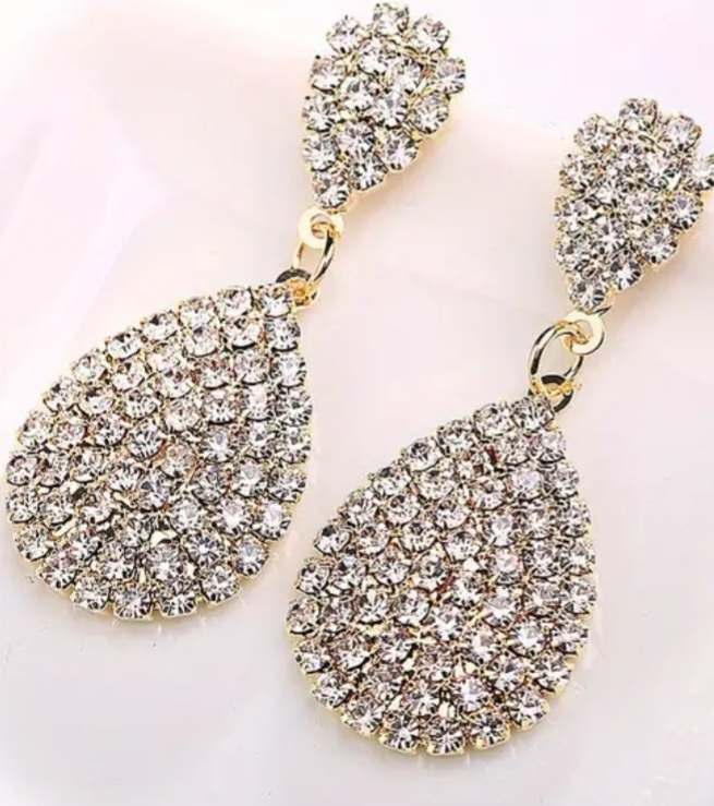 Gold Tone White Rhinestone Inlay Double Droplet Bling Sparkle Dangle Earrings