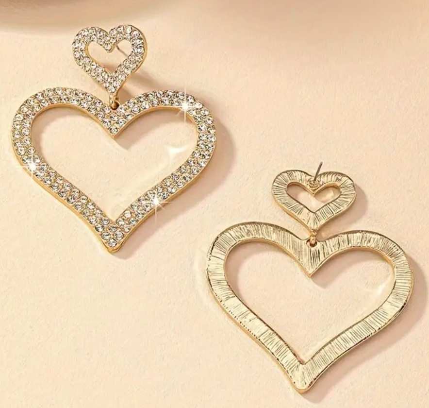 Rhinestone Silver Plated Double Heart Drop Bling Earrings