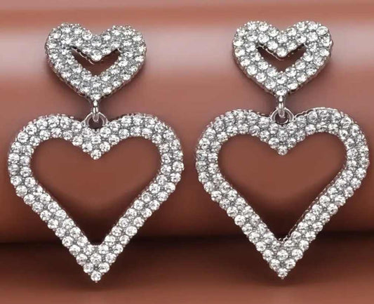 Rhinestone Silver Plated Double Heart Drop Bling Earrings