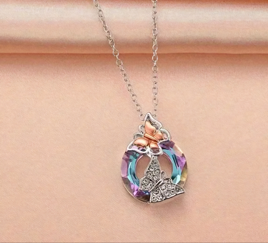 Crystal Glass Circle Ring Silver Plated Butterfly Design Pendant On Dainty Chain Necklace Style 2