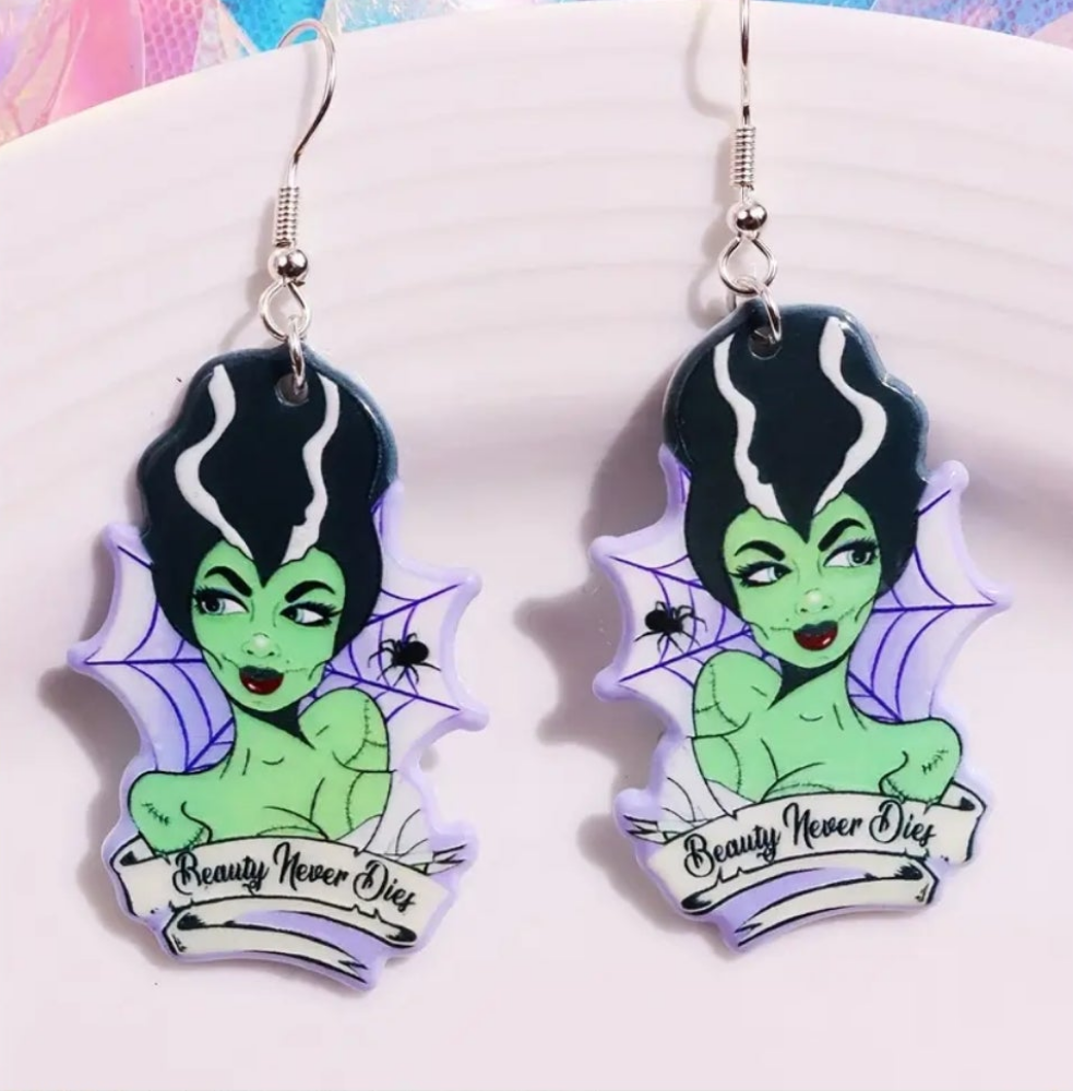 Acrylic Bride Of Frankenstein Zombie Pin Up Halloween Design Drop Dangle Earrings