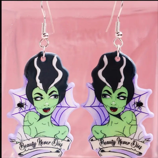 Acrylic Bride Of Frankenstein Zombie Pin Up Halloween Design Drop Dangle Earrings