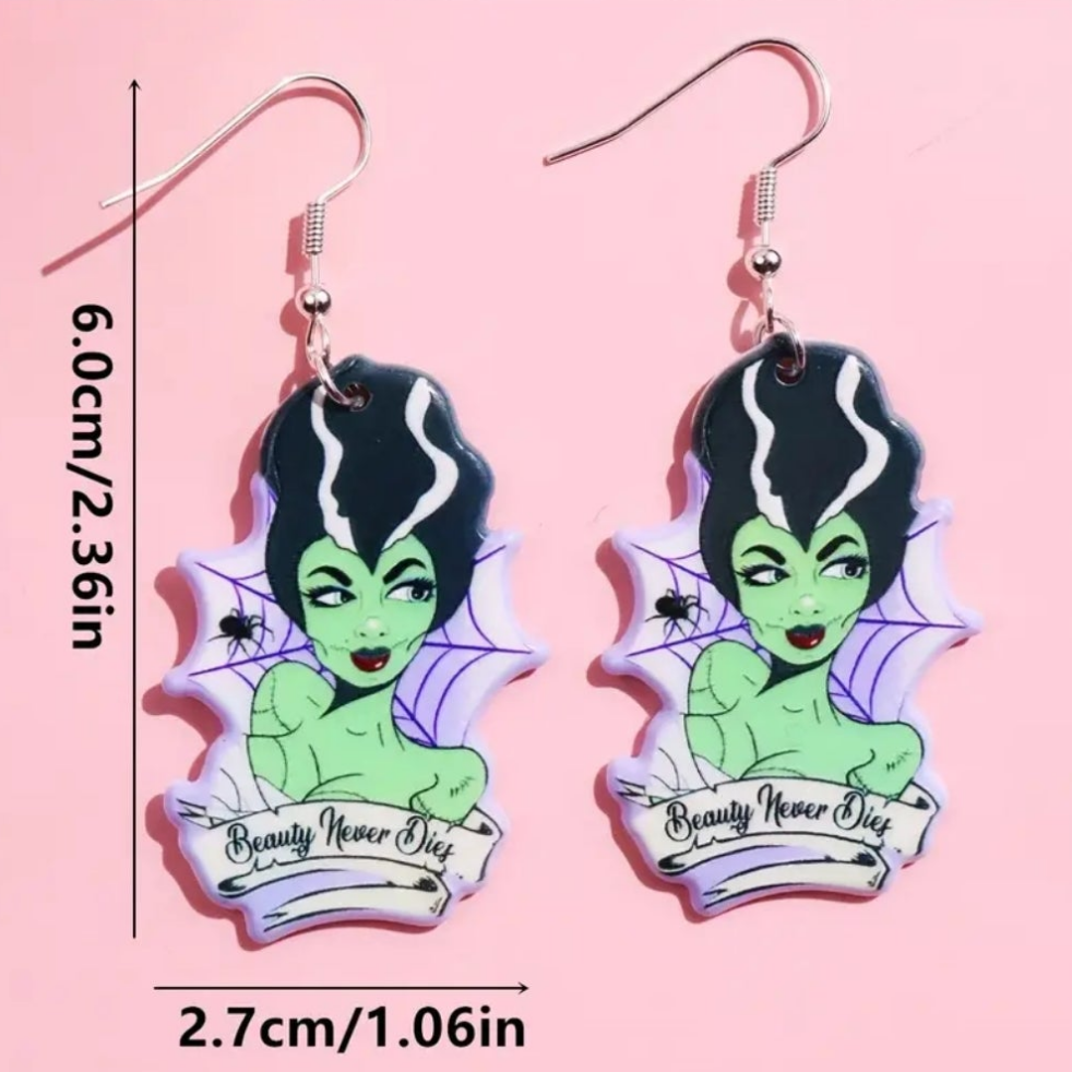 Acrylic Bride Of Frankenstein Zombie Pin Up Halloween Design Drop Dangle Earrings