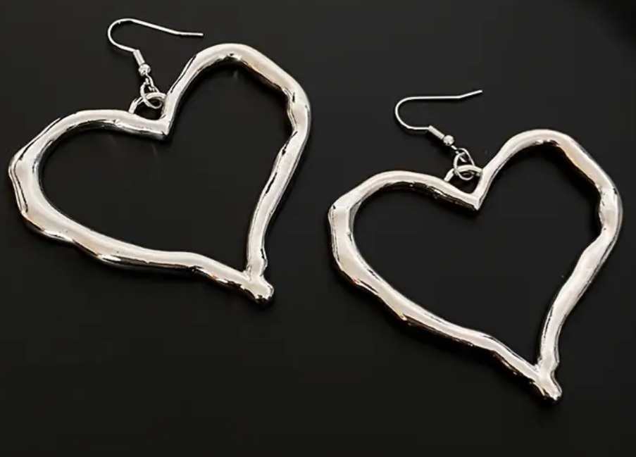 Giant Silver Tone Hollow Heart On Long Black Cord With Matching Large Heart Earrings