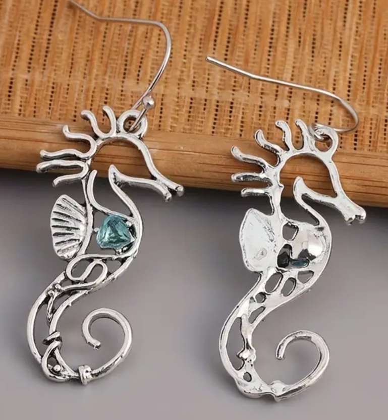 Ornate Metal Design Seahorse With Blue Stone Inlay  Dangle Earrings