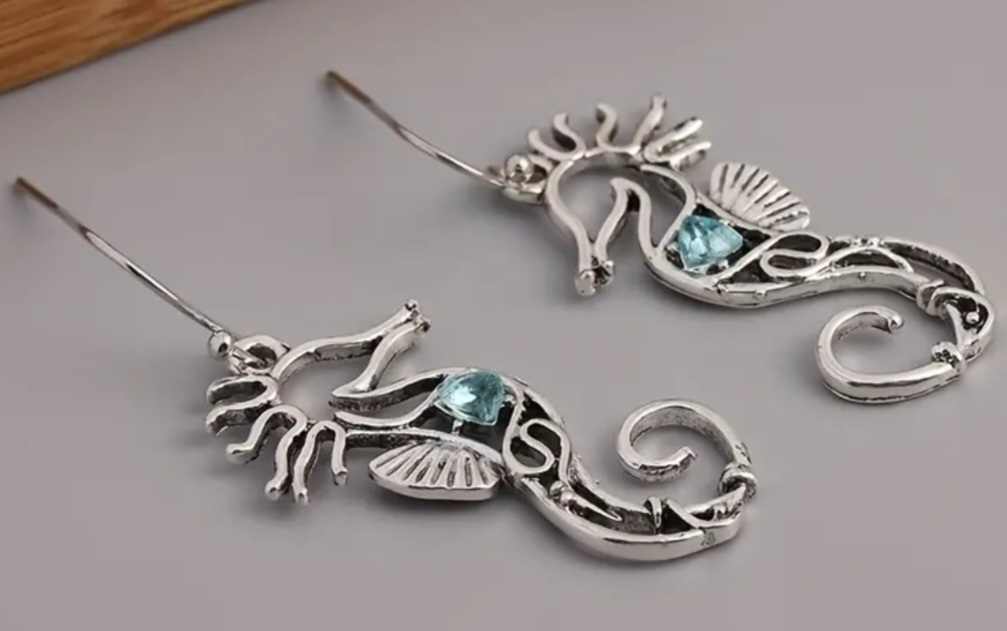 Ornate Metal Design Seahorse With Blue Stone Inlay  Dangle Earrings