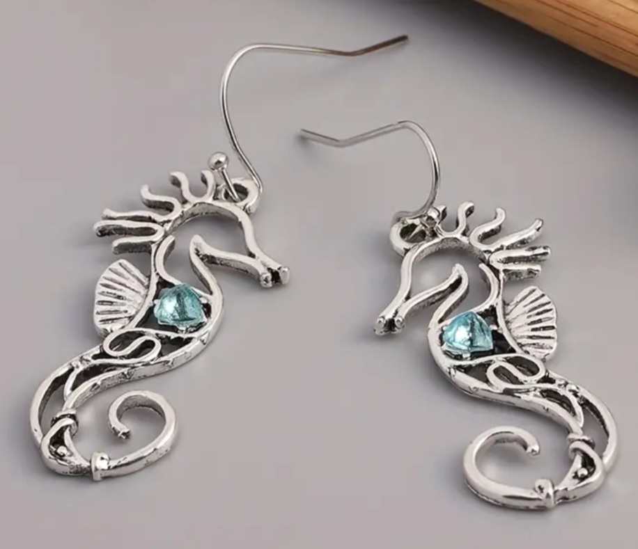 Ornate Metal Design Seahorse With Blue Stone Inlay  Dangle Earrings