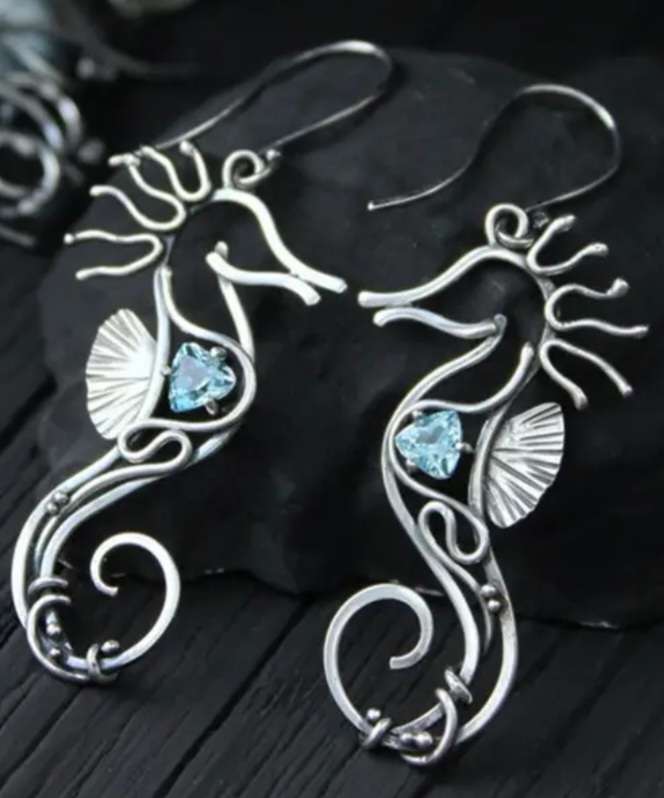 Ornate Metal Design Seahorse With Blue Stone Inlay  Dangle Earrings