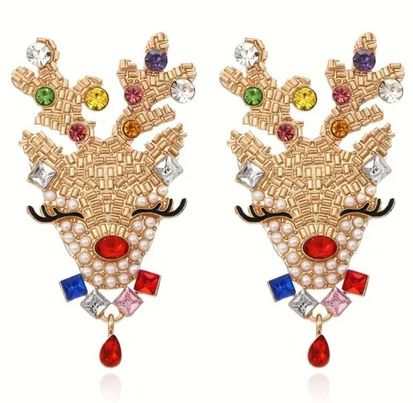 Christmas Large Metal Alloy Bling Rhinestone Red Nose Reindeer Cute Face With Red Drop Earrings