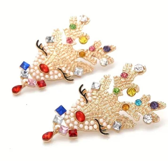 Christmas Large Metal Alloy Bling Rhinestone Red Nose Reindeer Cute Face With Red Drop Earrings