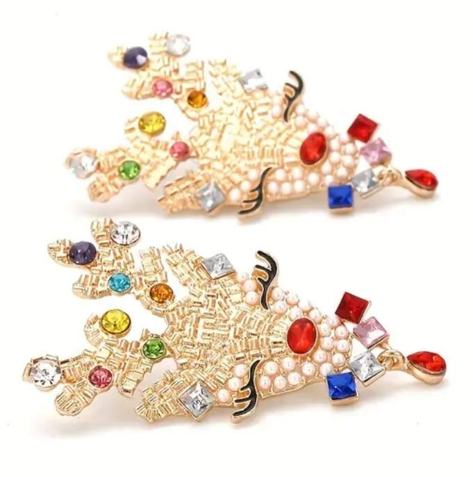 Christmas Large Metal Alloy Bling Rhinestone Red Nose Reindeer Cute Face With Red Drop Earrings