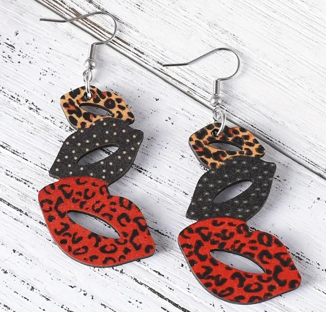 Funky Leopard Print Trio Of Lips Wood Dangle Earrings