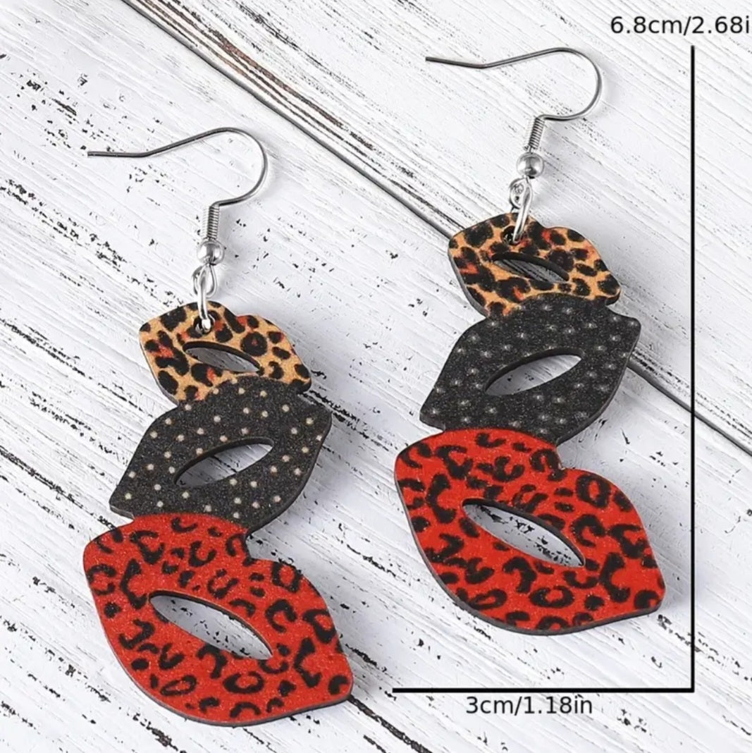 Funky Leopard Print Trio Of Lips Wood Dangle Earrings