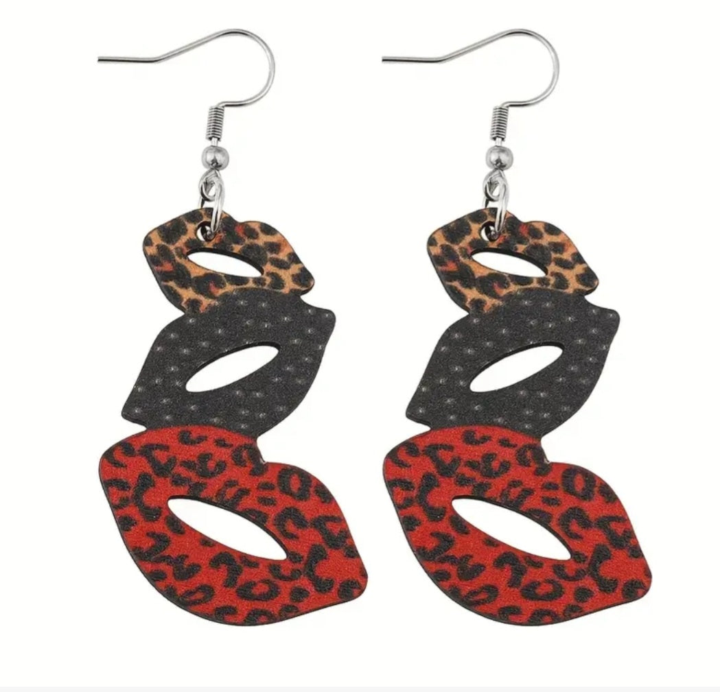 Funky Leopard Print Trio Of Lips Wood Dangle Earrings