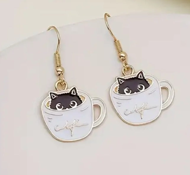 Black Kitten Cat In Coffee Cup Cute Small Enamel Metal Drop Earrings