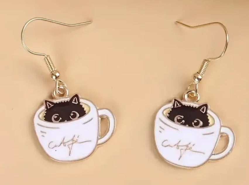 Black Kitten Cat In Coffee Cup Cute Small Enamel Metal Drop Earrings