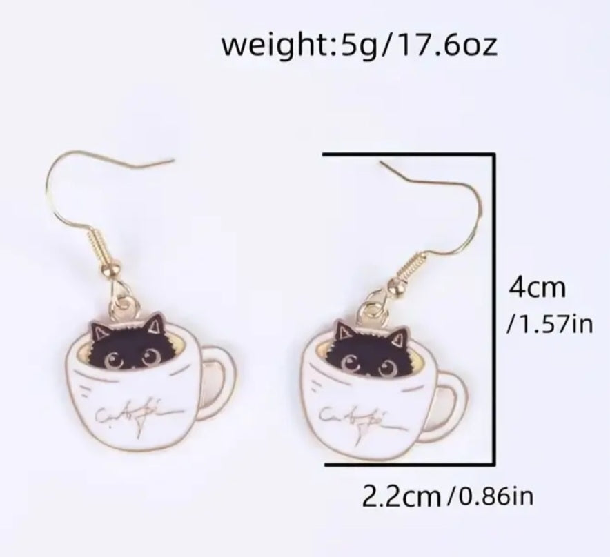 Black Kitten Cat In Coffee Cup Cute Small Enamel Metal Drop Earrings