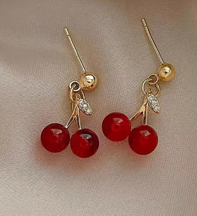 Dainty Tiny Cherry Cherries  Rhinestone Enamel Gold Plated Small Dangle Earrings