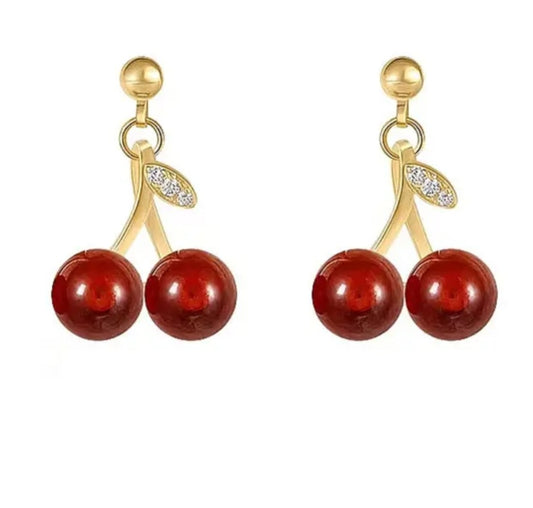 Dainty Tiny Cherry Cherries  Rhinestone Enamel Gold Plated Small Dangle Earrings