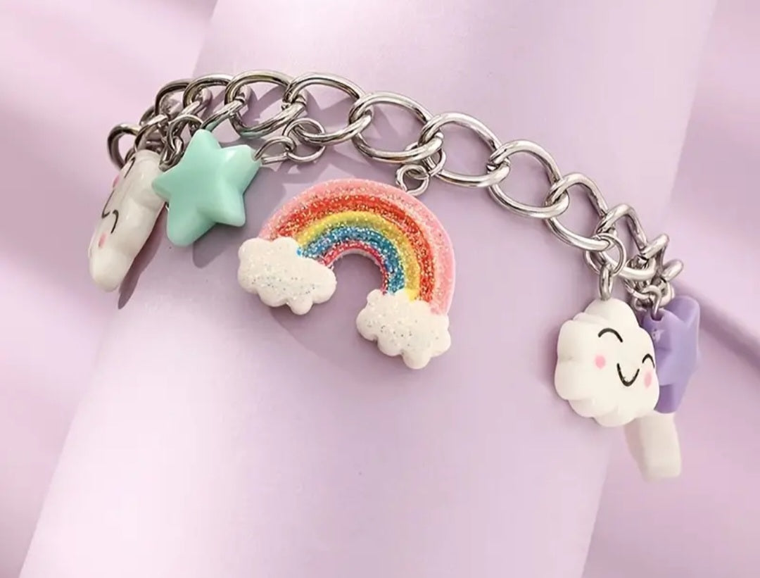 Cartoon Rainbow Star Cloud Kawaii Charm Silver Plated Chain Bracelet