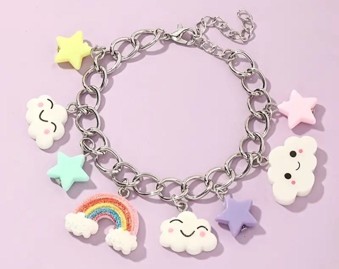 Cartoon Rainbow Star Cloud Kawaii Charm Silver Plated Chain Bracelet