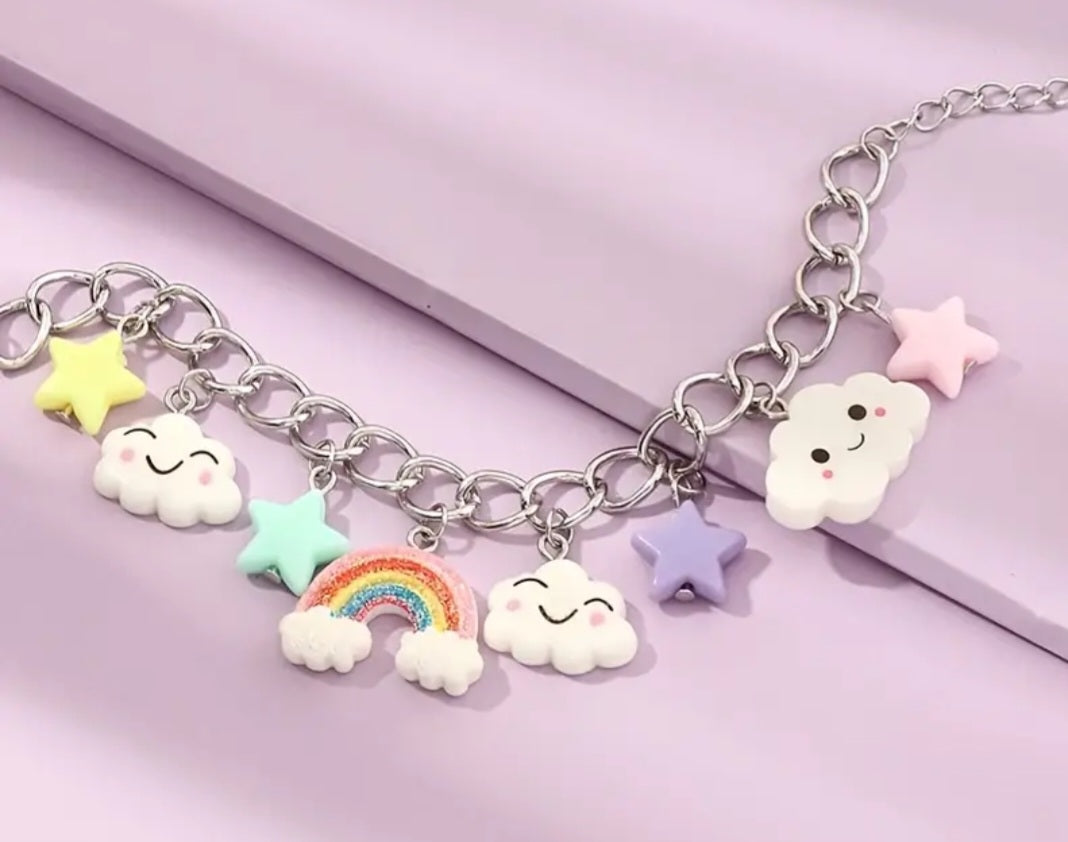 Cartoon Rainbow Star Cloud Kawaii Charm Silver Plated Chain Bracelet