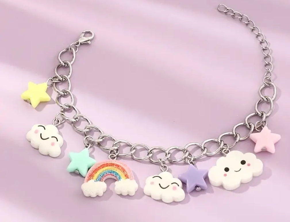 Cartoon Rainbow Star Cloud Kawaii Charm Silver Plated Chain Bracelet