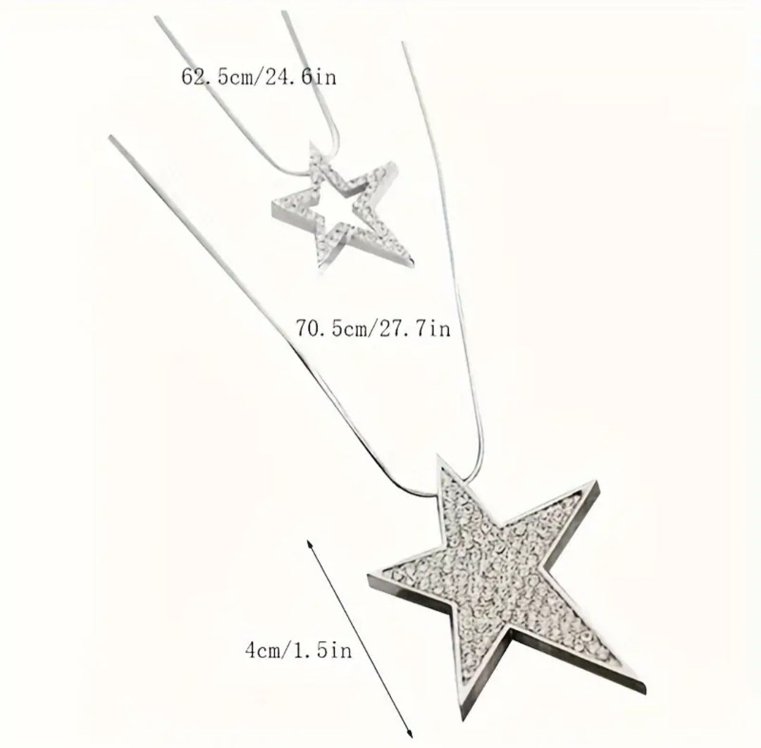 Rockstar Bling Double Strand Silver Plated Rhinestone Stars Necklace