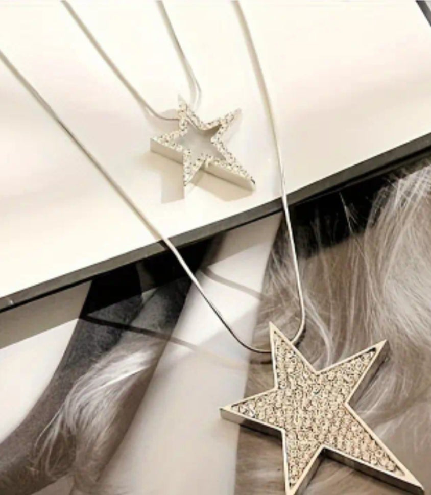 Rockstar Bling Double Strand Silver Plated Rhinestone Stars Necklace