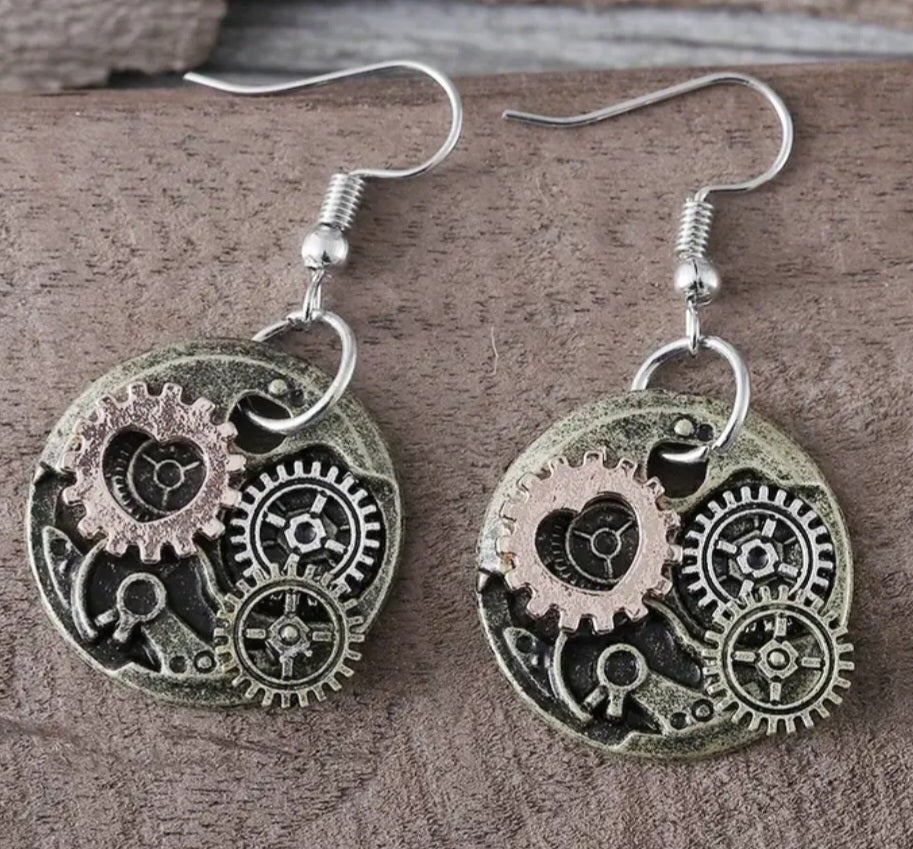 Heart Cogs Gears Round Circle Mechanic Design Metal Steampunk Drop Dangle Earrings