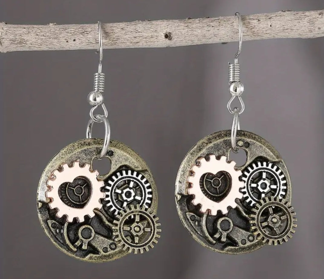 Heart Cogs Gears Round Circle Mechanic Design Metal Steampunk Drop Dangle Earrings