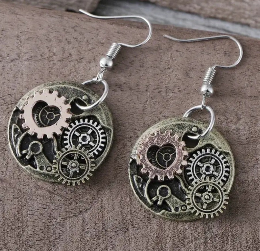 Heart Cogs Gears Round Circle Mechanic Design Metal Steampunk Drop Dangle Earrings