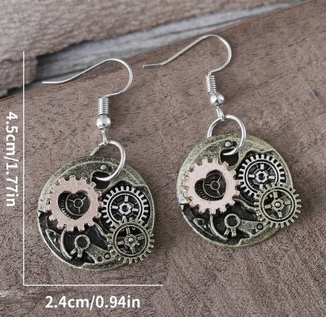 Heart Cogs Gears Round Circle Mechanic Design Metal Steampunk Drop Dangle Earrings