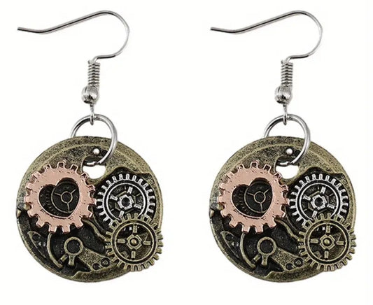 Heart Cogs Gears Round Circle Mechanic Design Metal Steampunk Drop Dangle Earrings