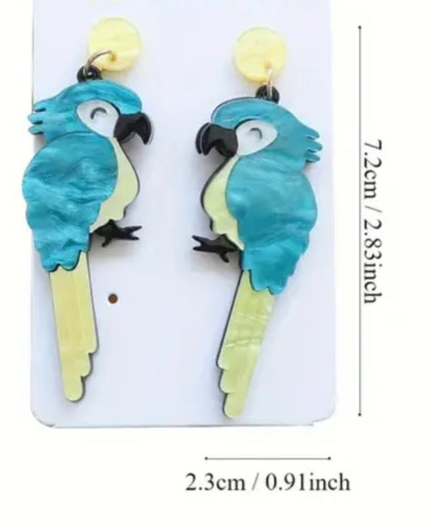 Bright Beautiful Green And Gold Parrots Birds Acrylic Dangle Drop Earrings