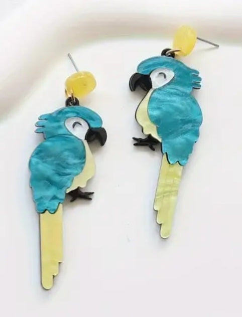 Bright Beautiful Green And Gold Parrots Birds Acrylic Dangle Drop Earrings