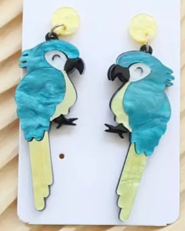 Bright Beautiful Green And Gold Parrots Birds Acrylic Dangle Drop Earrings