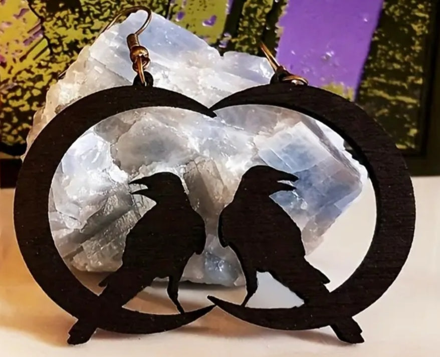 Gothic Black Moon Crow Raven Acrylic Dangle Drop Earrings