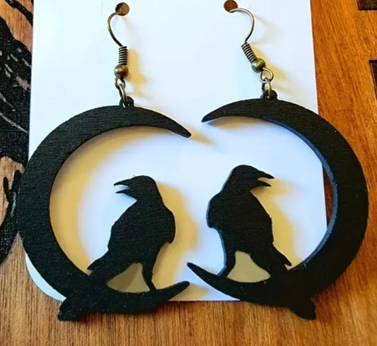 Gothic Black Moon Crow Raven Acrylic Dangle Drop Earrings