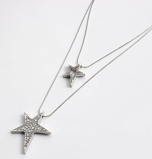 Rockstar Bling Double Strand Silver Plated Rhinestone Stars Necklace